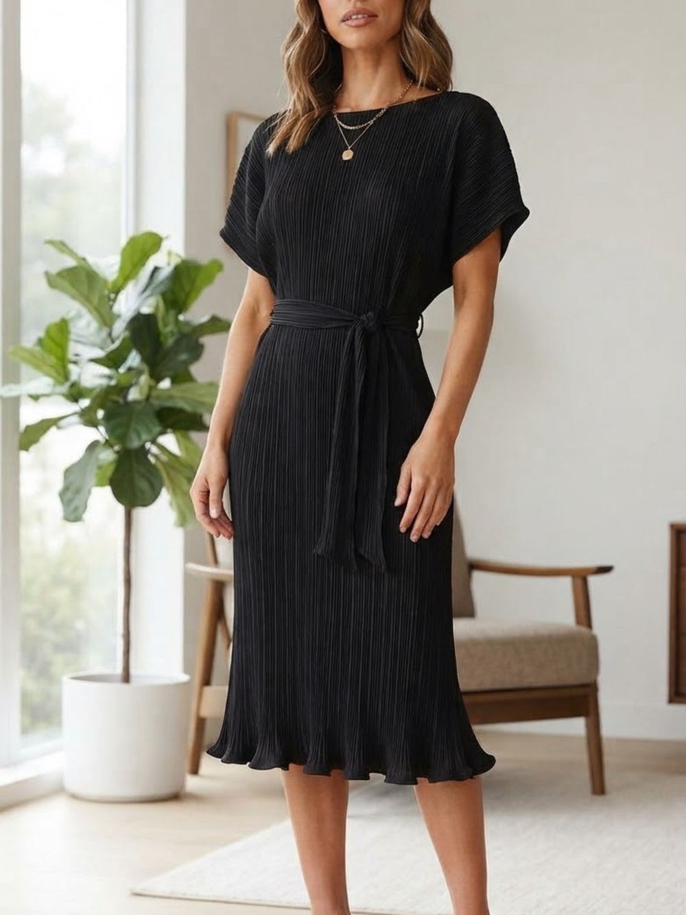 DKNY Black Pleated Short Sleeve Dress Size US 4 Belted Midi Cocktail